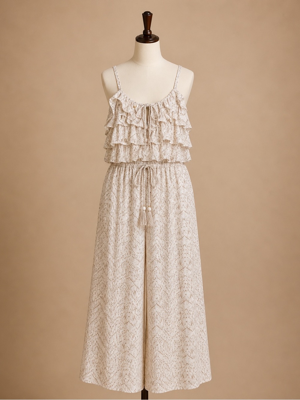 entro Cream Tiered Ruffle Wide-Leg Jumpsuit